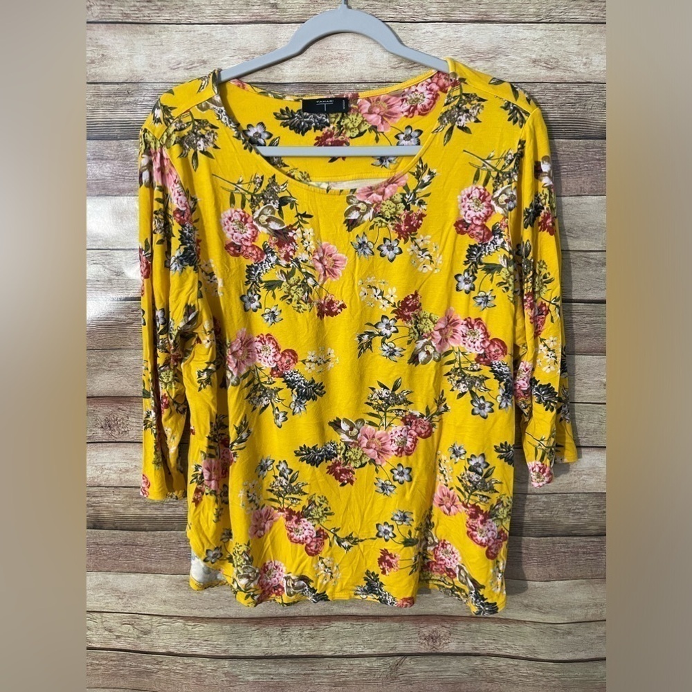T TAHARI Women’s Floral Soft Stretch Yellow Blouse Top Shirt Plus Size 1X